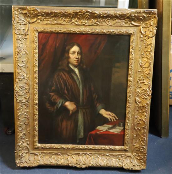 Hendrik Berckman (1629-1679) Three quarter length portrait of a gentleman standing at a writing table 19 x 15in.